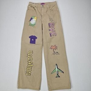 Edikted Graphic Wide Leg Jeans Tan Vacay Mode Size M